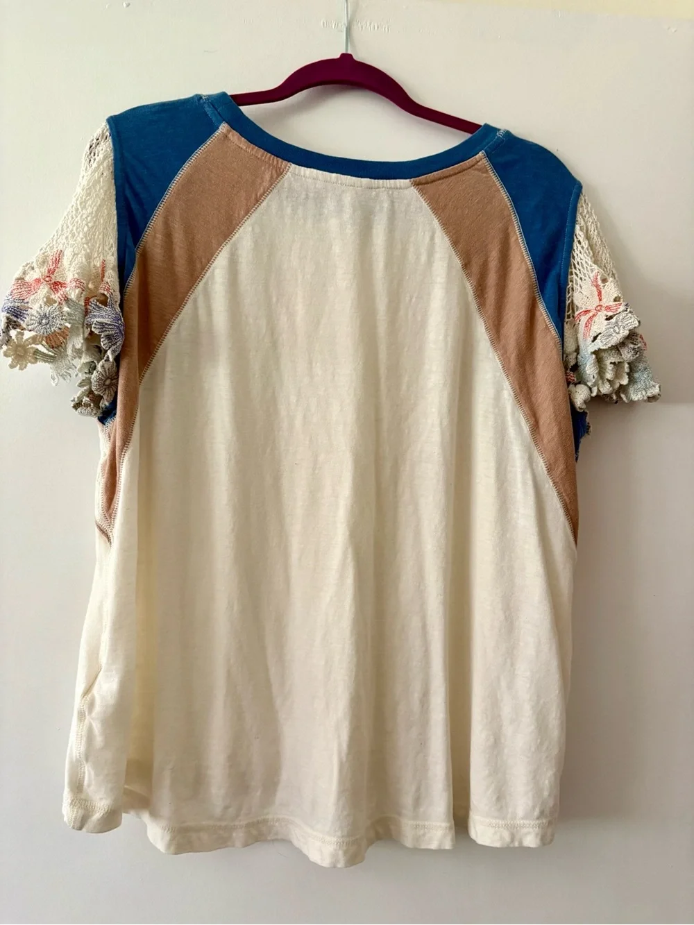 Free People crochet Lace Sleeve patchwork Cotton Tee L